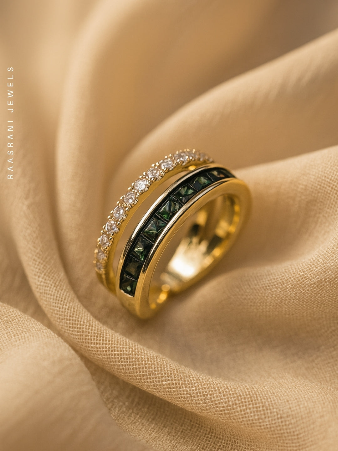 Emerald & White Dual-Line Adjustable Ring | 18K Gold Plated
