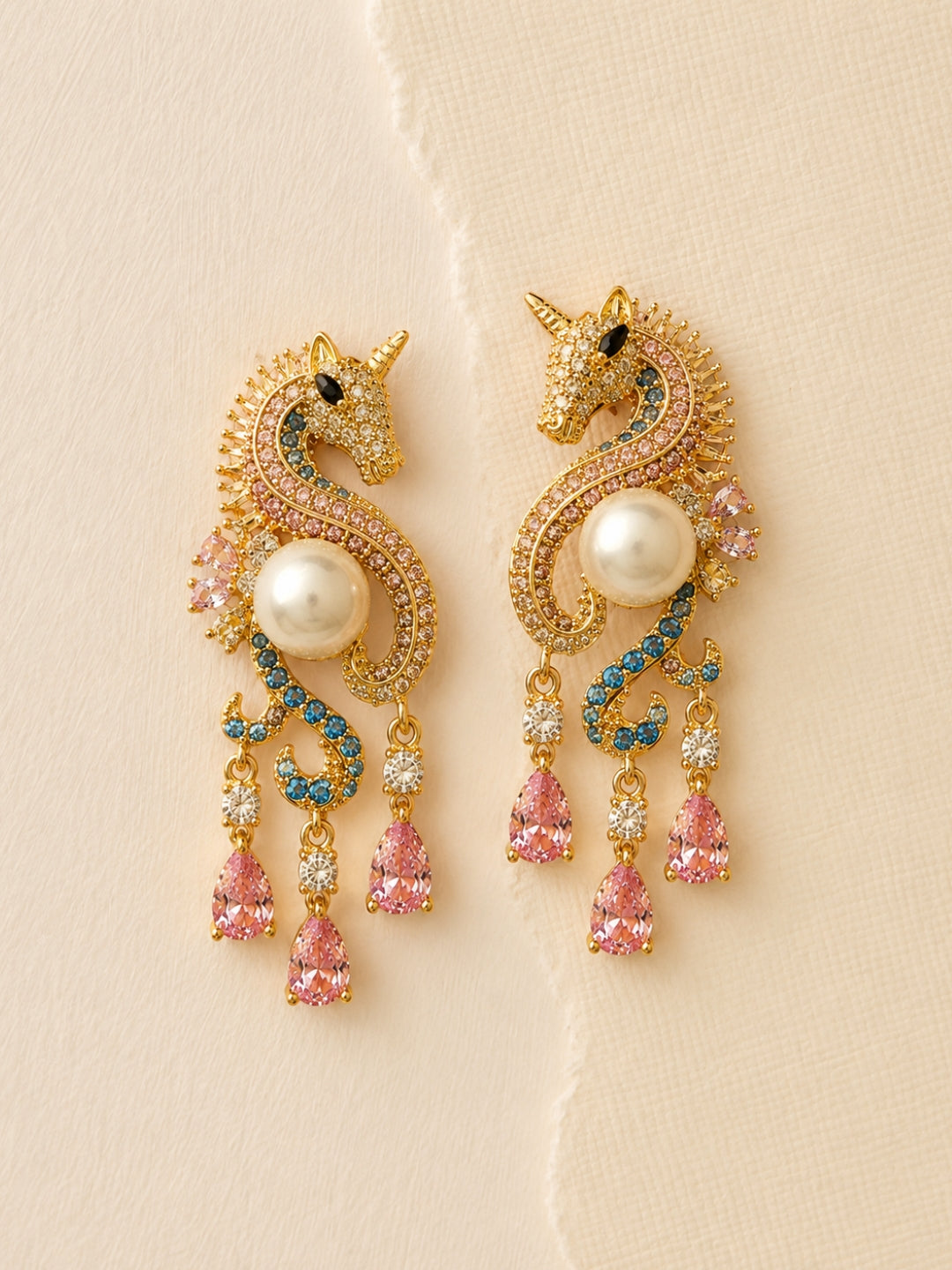 Enchanted Sea Unicorn Pavé Drop Earrings, 18K Gold-Plated