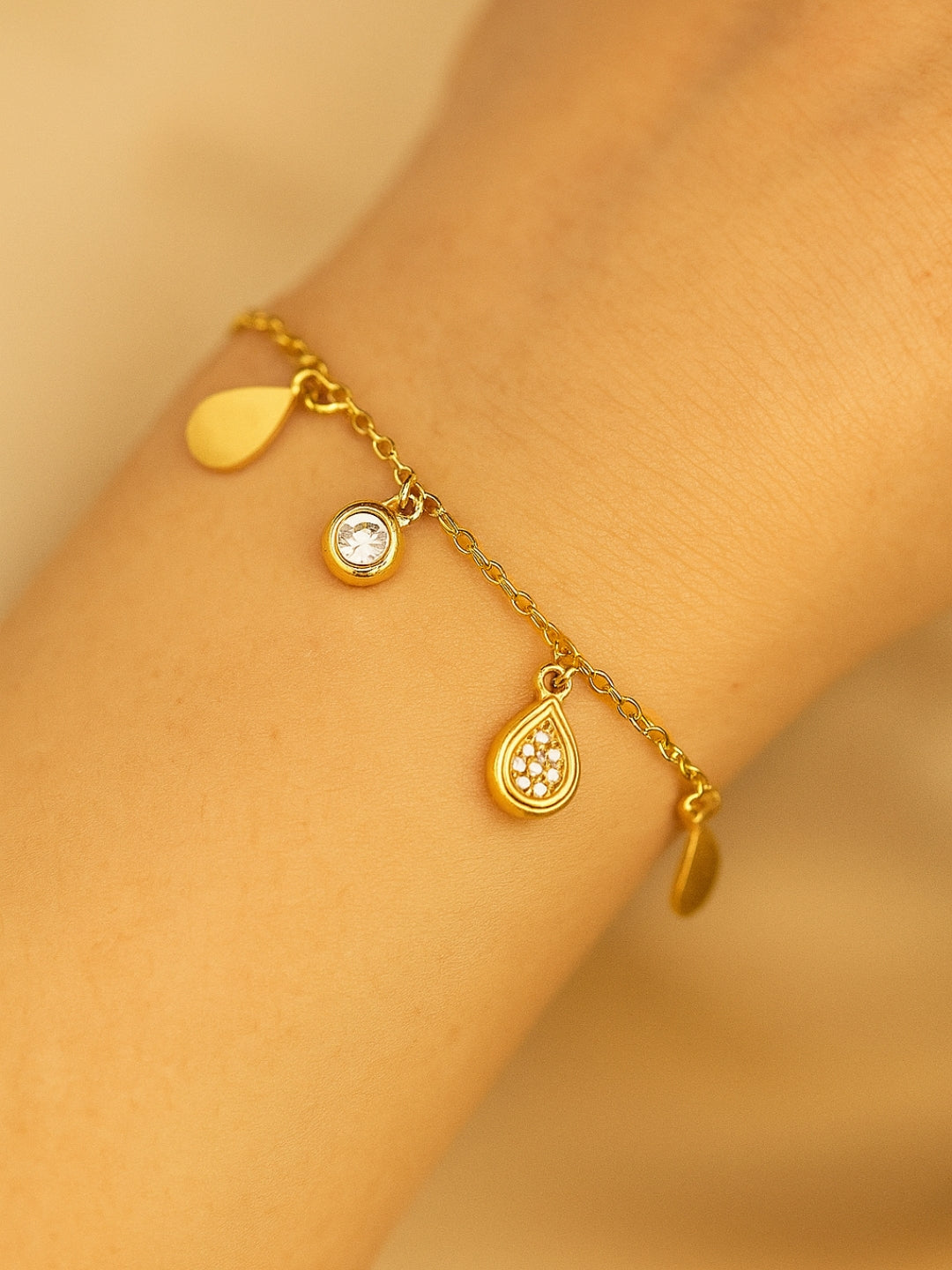 18K Gold Teardrop Charms Bracelet with CZ Stones | Lightweight & Elegant
