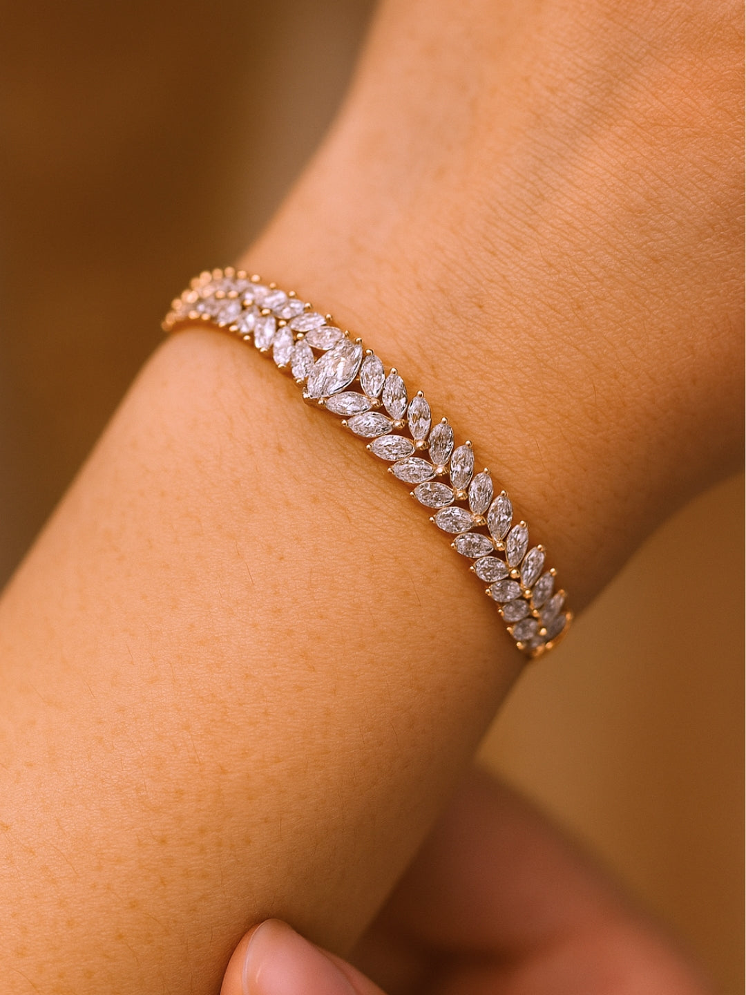 Leaf Marquise Cut Bracelet – RoseGold Plated, 316L Stainless Steel, Fully Studded with AD Stones