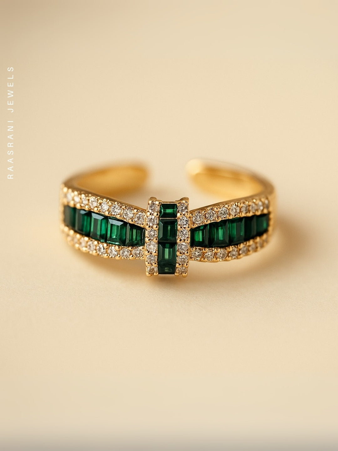 Emerald Bow Ring – 18K Gold Plated Adjustable Baguette CZ Stacking Ring