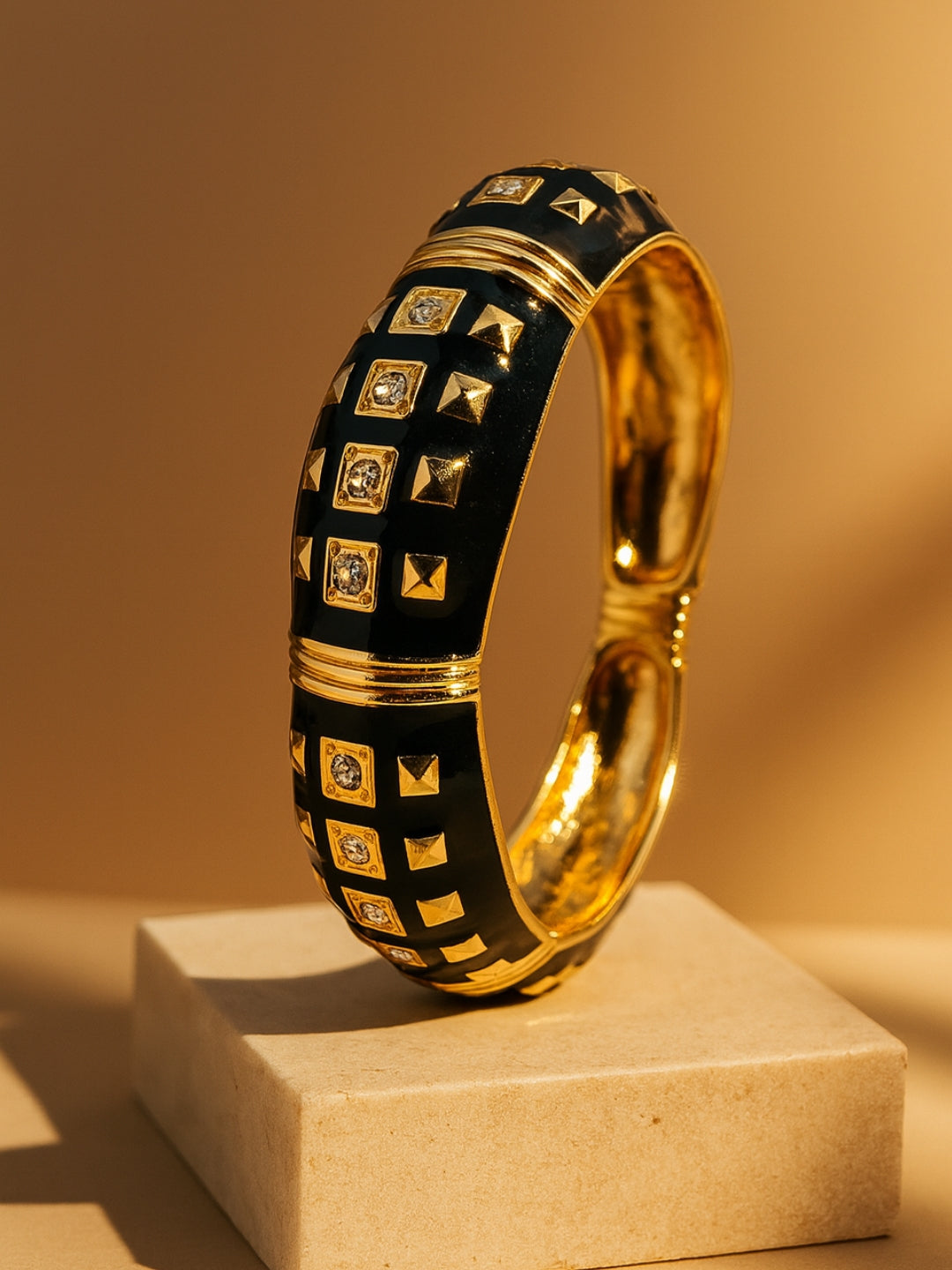 Black Enamel Studded Bracelet – 18K Gold Plated, Anti-Tarnish