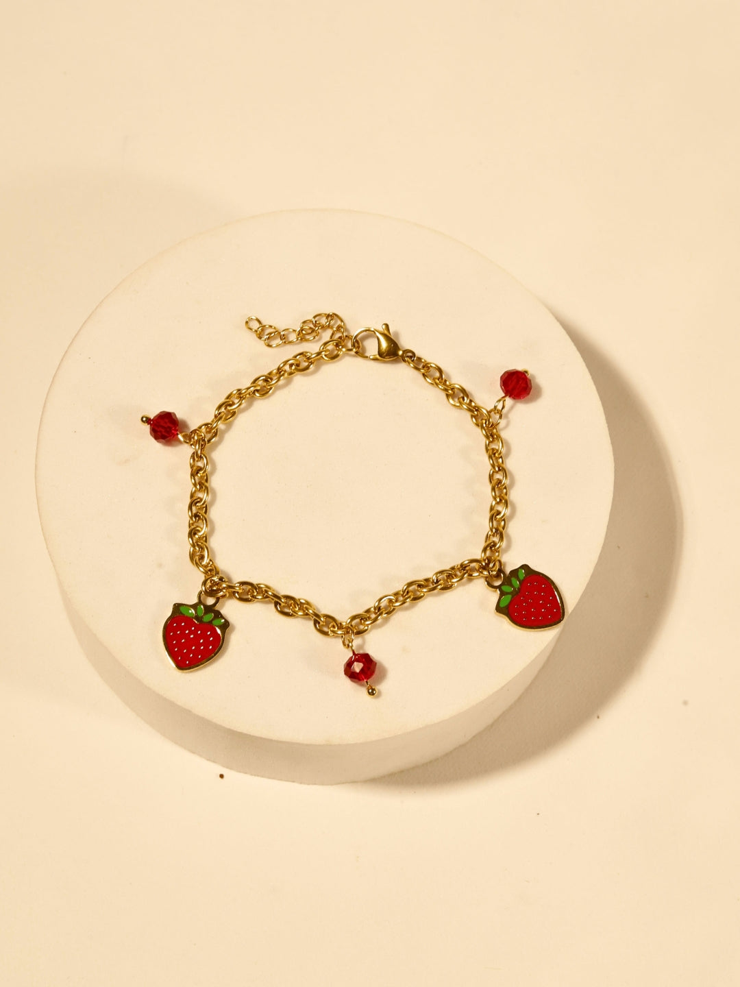 Strawberry Charm Bracelet – Gold Plated Stainless Steel, Enamel & Beads, Adjustable
