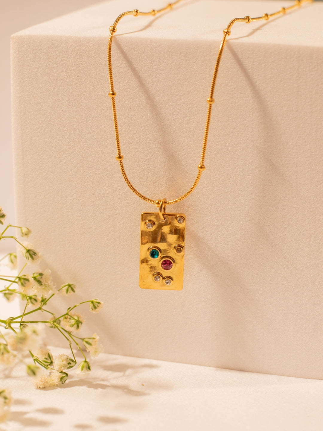 Gold Bar Pendant Chain – Multicolor CZ Stones, Gold Plated Stainless Steel, Adjustable Length
