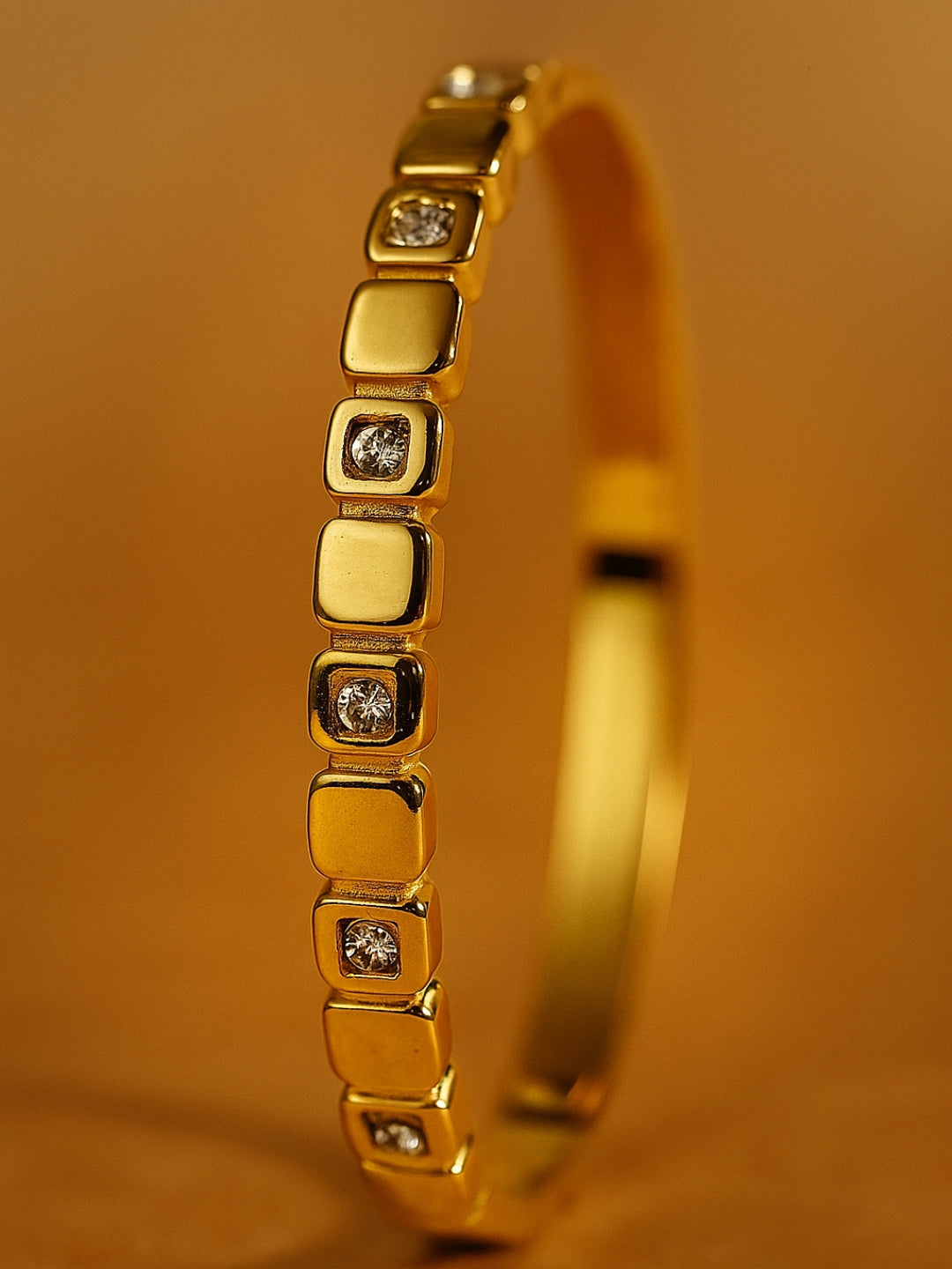 Gold Quad Pattern Semi-Studded Bracelet for Women – Anti-Tarnish Stainless Steel Kada with AD Stones | Fits 2'4 & 2'6 Sizes