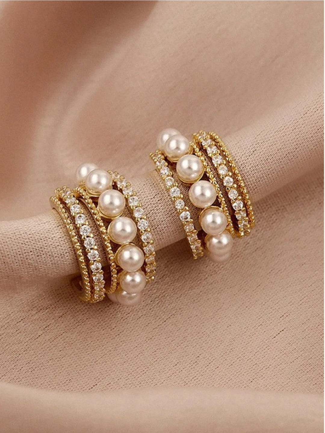 Gold Pearl & CZ Multi-Line Stud Earrings | Elegant Fashion Jewelry