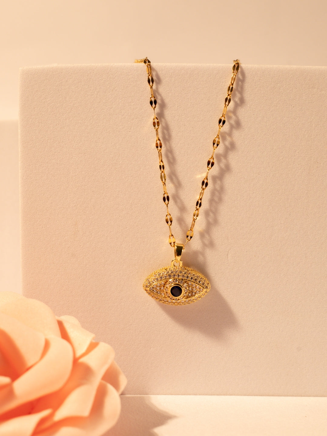 14Kt Gold-Plated Evil Eye Pendant Necklace | Anti-Tarnish Stainless Steel | CZ Studded