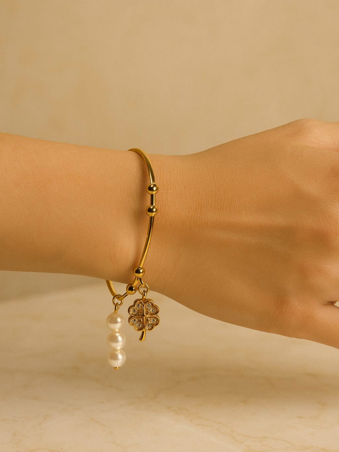 18K Gold-Plated Clover Charms Bracelet – Stainless Steel, CZ Stones & Pearl Charms, Anti-Tarnish & Hypoallergenic
