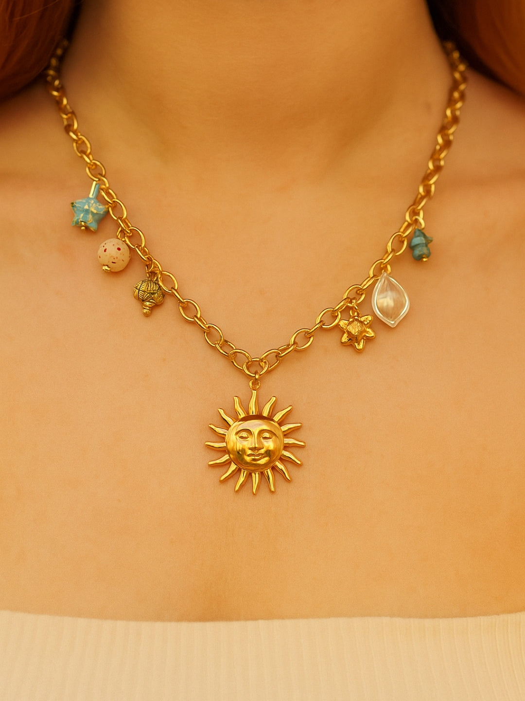 Gold-Plated Sun Shell Charms Neckpiece for Women – 14Kt Stainless Steel | Boho Beach Style Jewelry