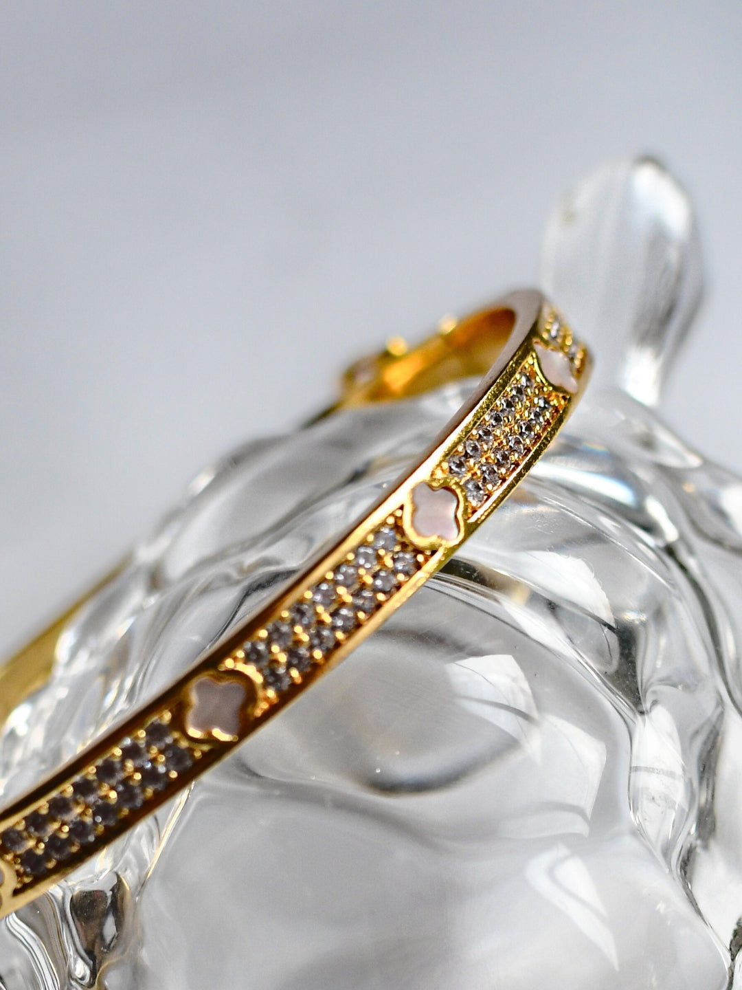 MOP Clover Studded Bracelet – Elegant Gold Bangle with Mother of Pearl & AD Accents