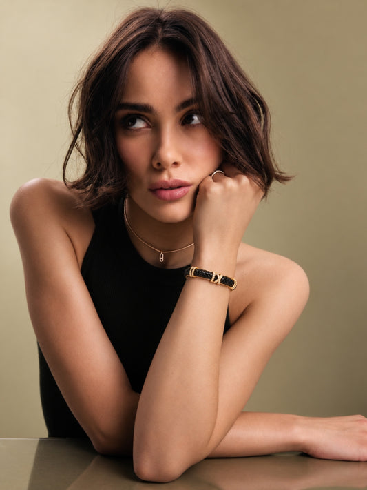 Black Braided Roman Numeral Studded Bangle -18KT Gold Plated