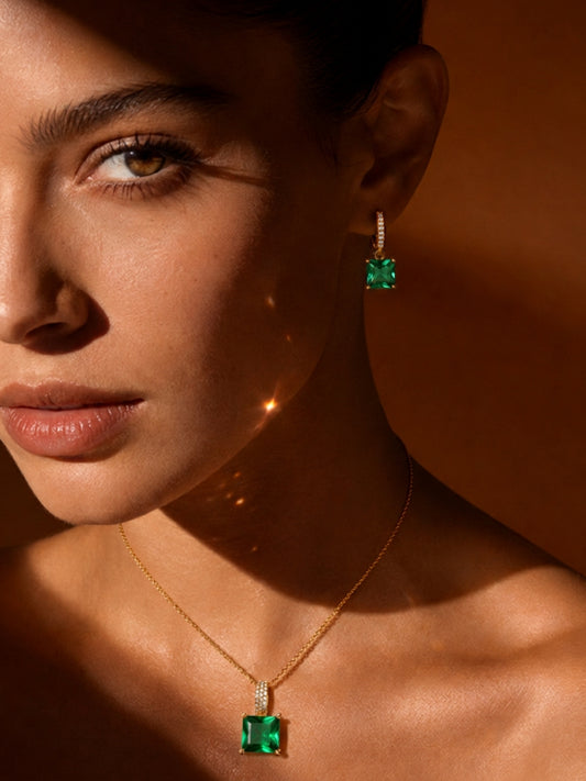 Emerald Square-Cut Pendant Necklace & Huggie Earring Set