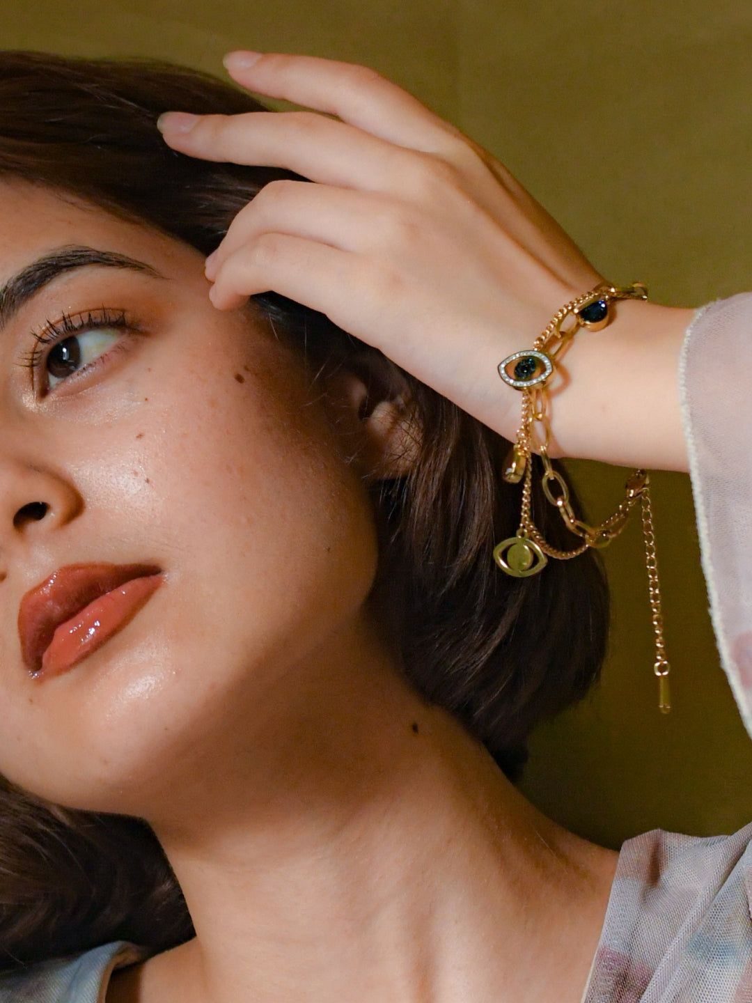 Evil Eye Charm Double layer Bracelet in 18K Gold | Adjustable, Anti-Tarnish