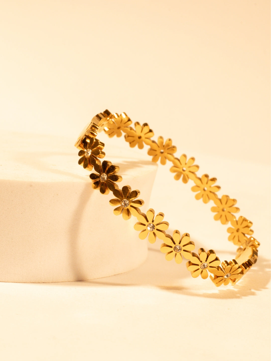 Gold Floral Studded Bangle Bracelet for Women – 316L Stainless Steel with Cubic Zirconia Stones | Ethnic Press-Lock Kada for Daily & Festive Wear