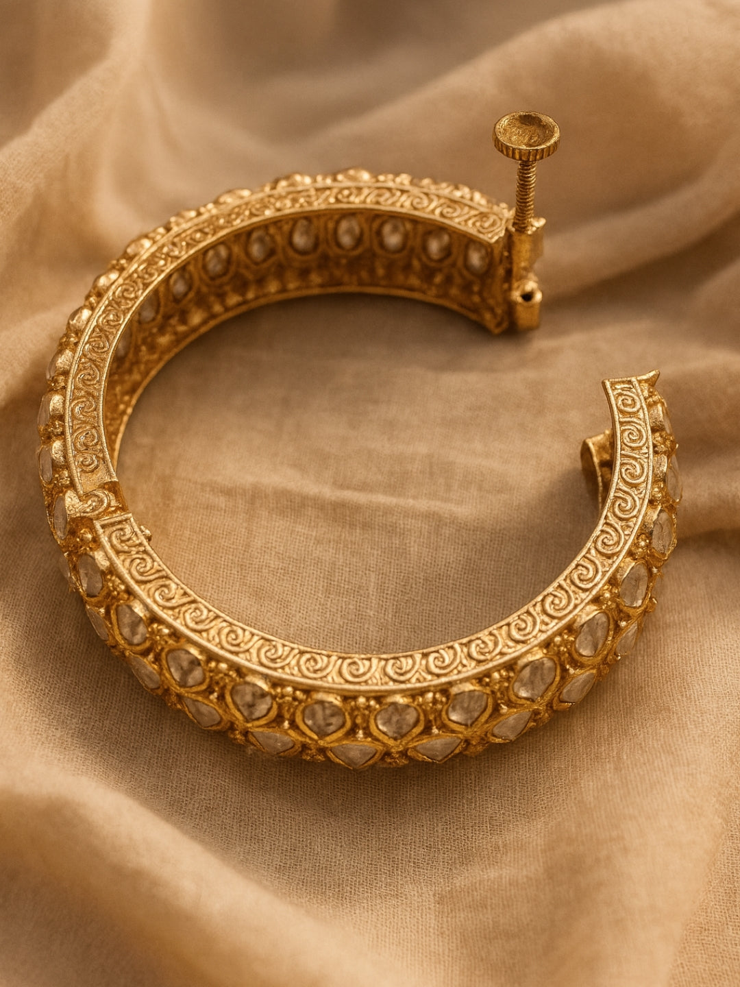 Golden Kundan Moissanite Bangle | Openable Gold Cuff Bracelet