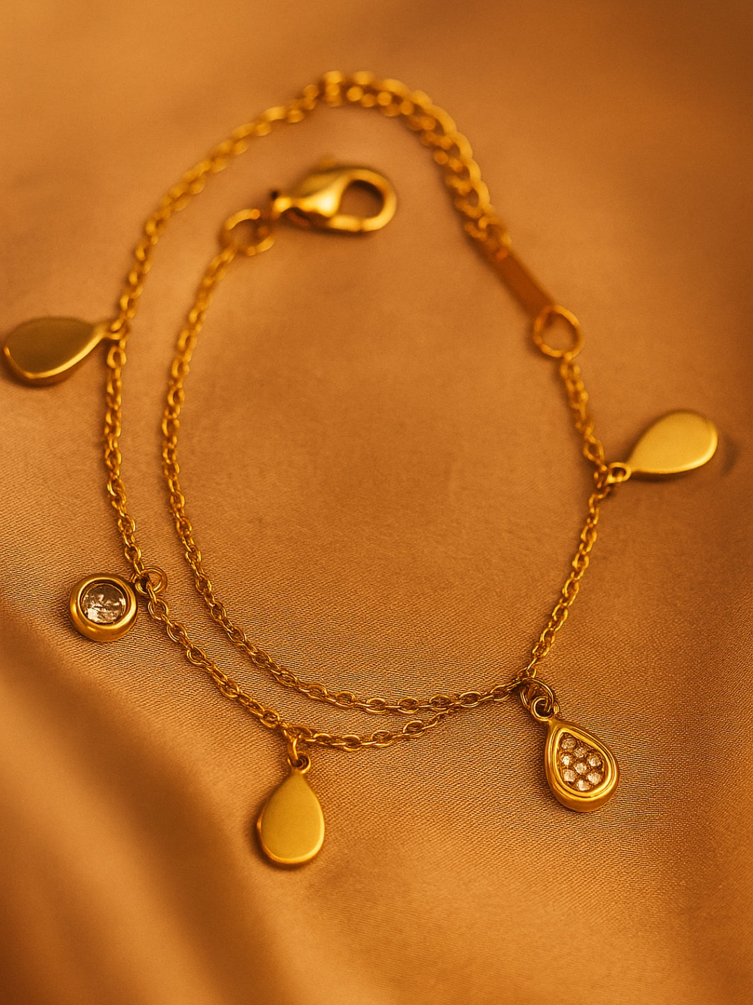 18K Gold Teardrop Charms Bracelet with CZ Stones | Lightweight & Elegant