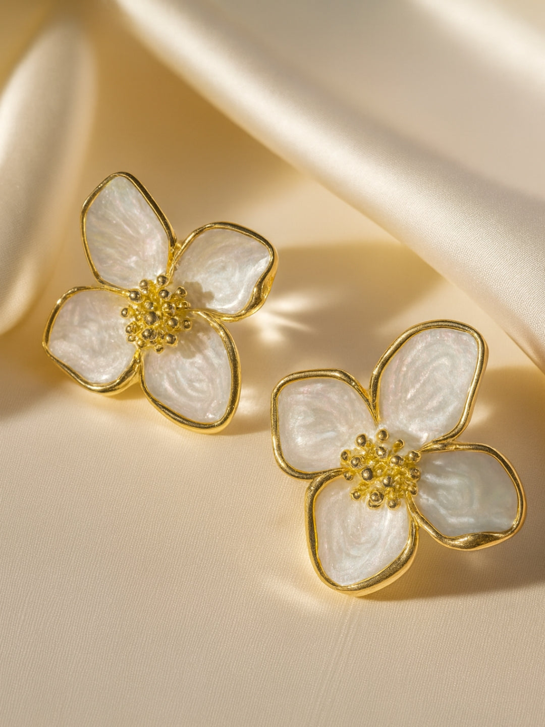 White MOP Flower Stud Earrings for Women - Gold Plated Fashion Jewelry