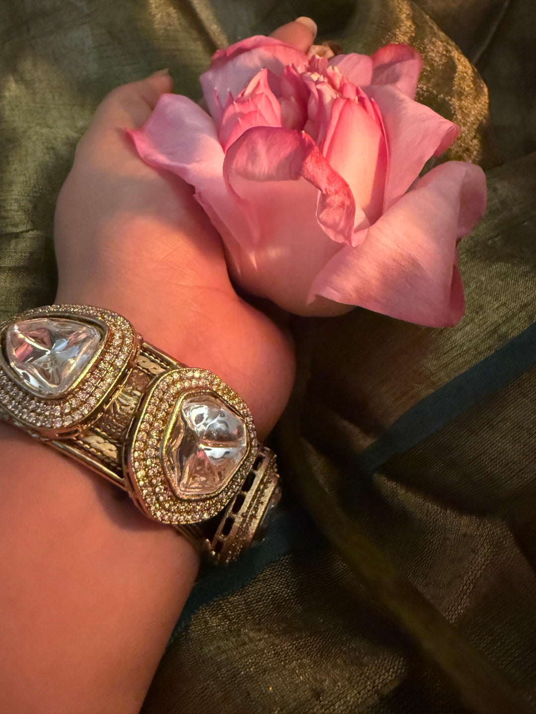 Golden Moissanite Cuff Bracelet | Openable Adjustable Gold Kada Bangle