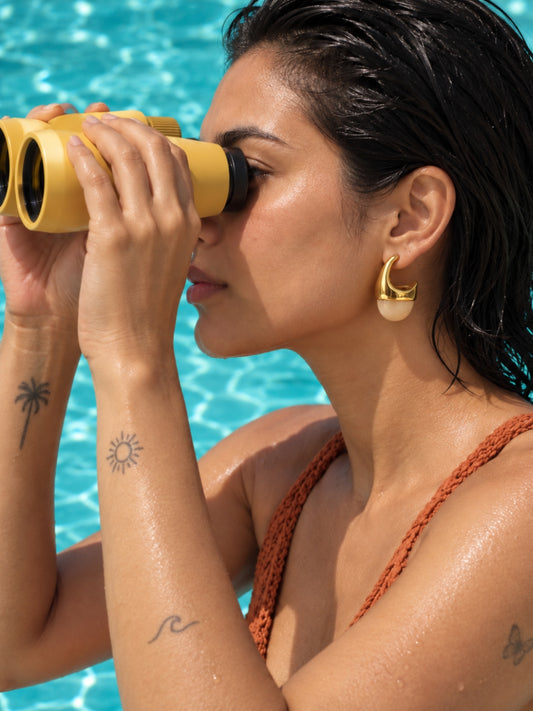 Beige Drop Hoop Earrings | 18K Gold Plated Anti-Tarnish