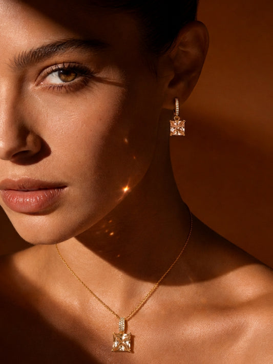 Champagne Square-Cut Pendant Necklace & Huggie Earring Set