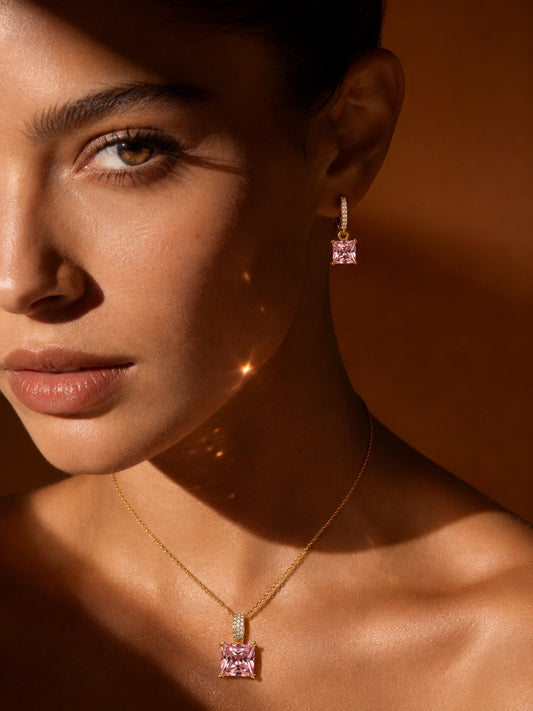 Pink Square-Cut Pendant Necklace & Huggie Earring Set, 18K Gold-Plated