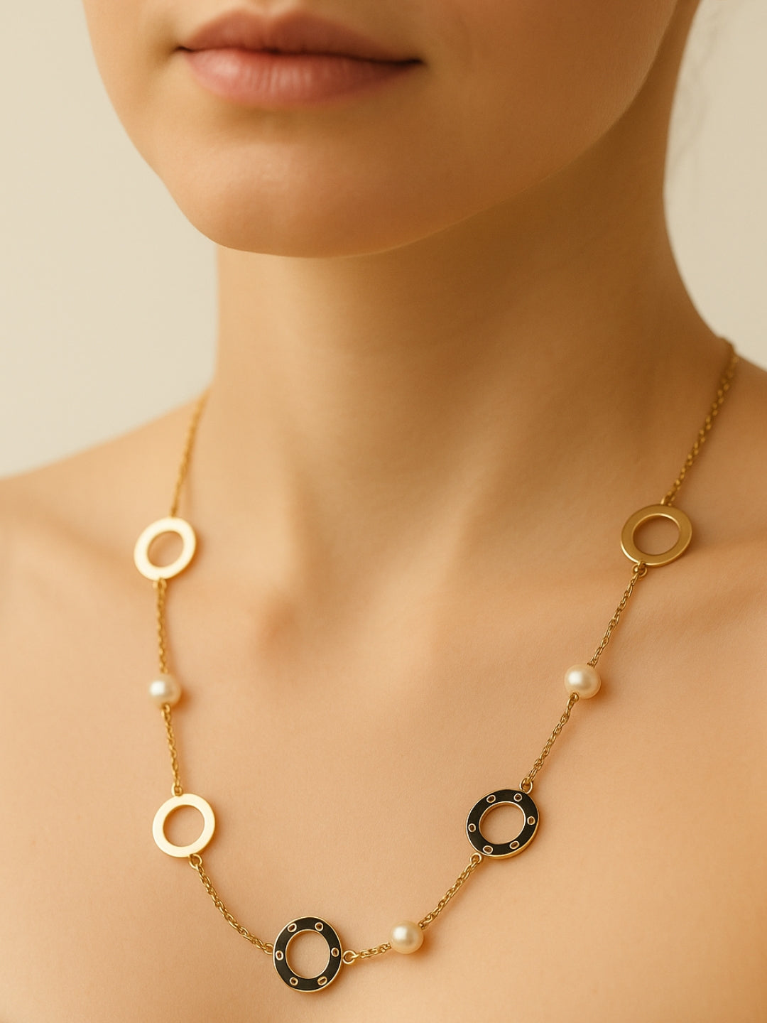 18K Gold Plated Pearl & Circular Motif Necklace – Anti Tarnish, Everyday