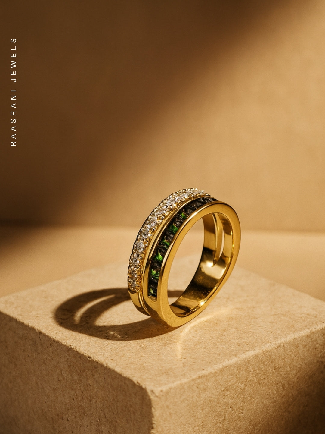 Emerald & White Dual-Line Adjustable Ring | 18K Gold Plated