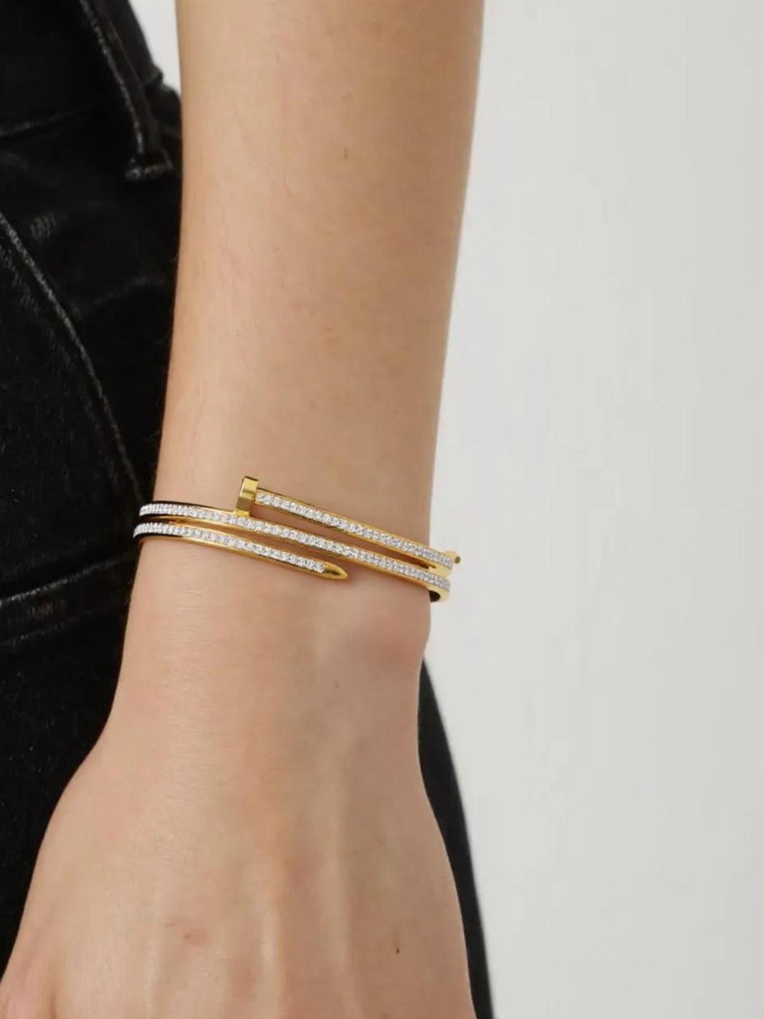 Small Nail White Stone 3-Line Cuff Bracelet for Women – 18K Gold Plated