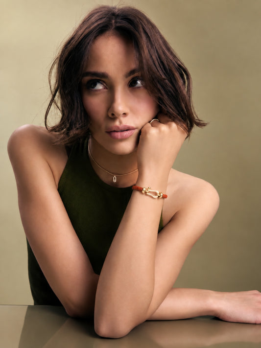 Rust Studded Braided Leather Gold Magnetic Bracelet -18KT Gold Plated