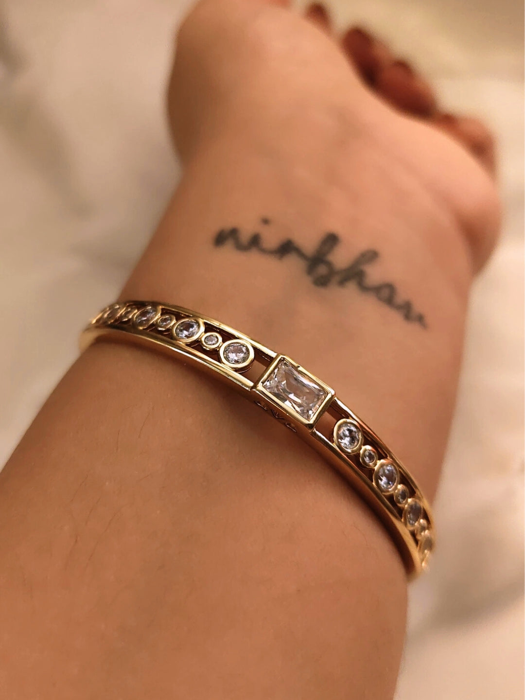 Aurum Deco Cuff – Rose Gold | Square & Round AD Stones | Luxe Press-Lock Fit