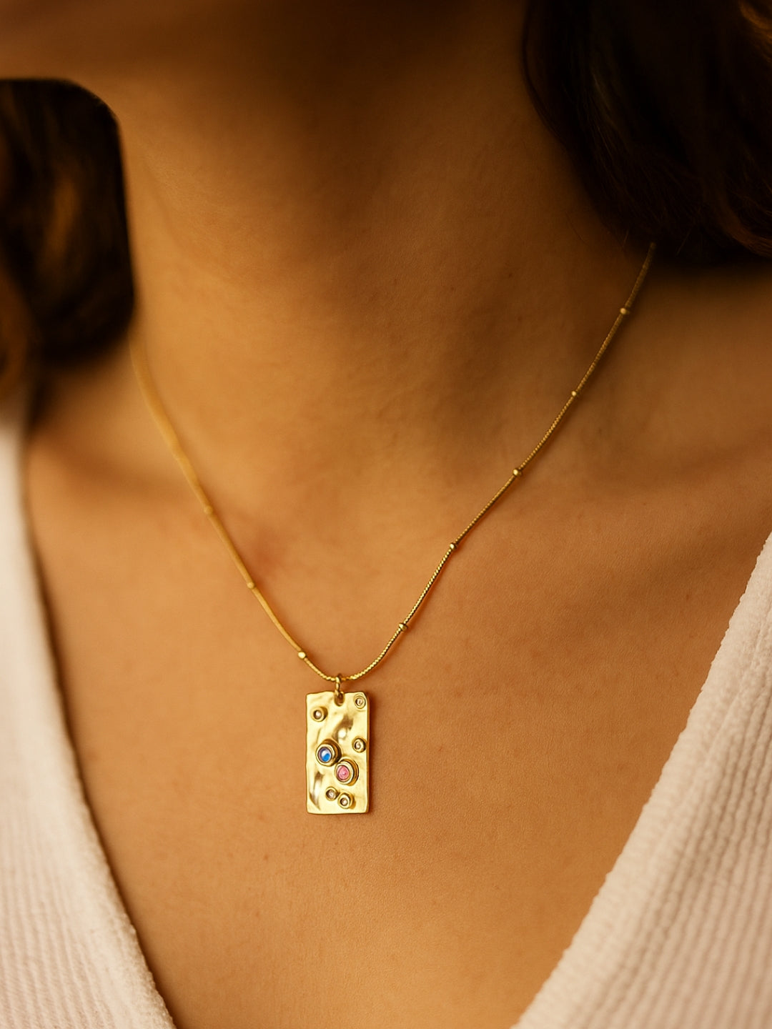 Gold Bar Pendant Chain – Multicolor CZ Stones, Gold Plated Stainless Steel, Adjustable Length