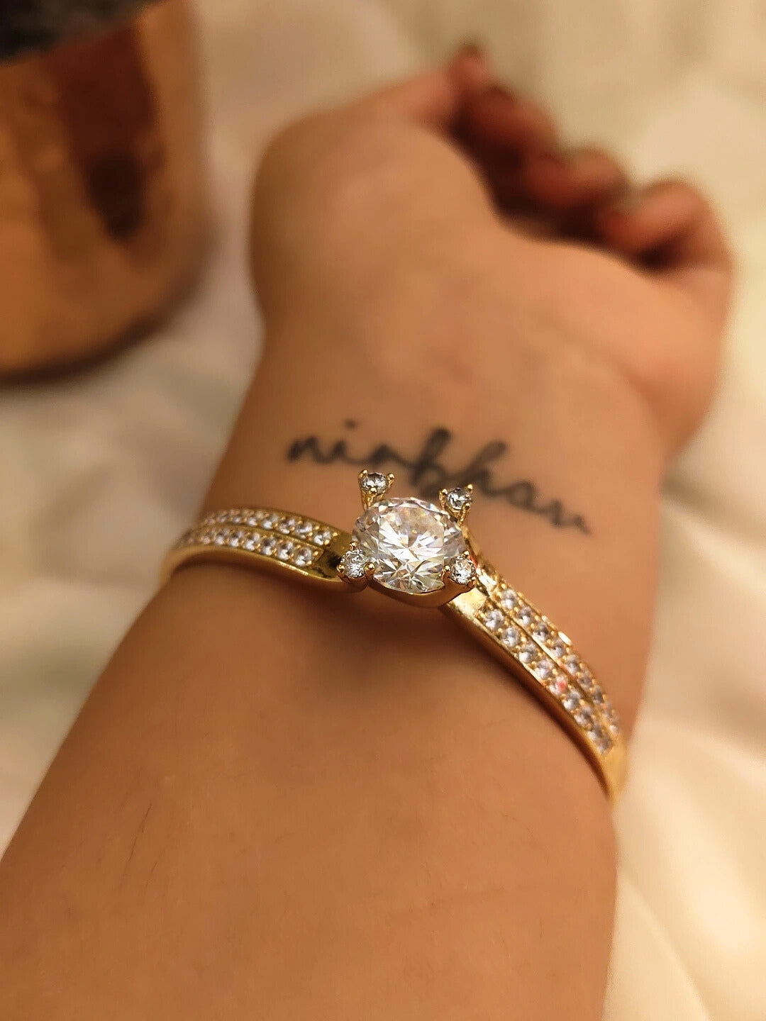 Solitaire Style RoseGold Cuff – 316L Stainless Steel, AD Stones, for Small Wrists