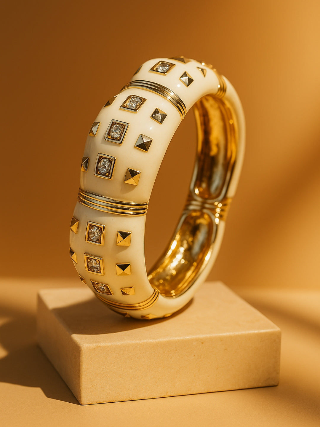 Cream Enamel Studded Bracelet in 18K Gold | CZ Stone Statement Bangle