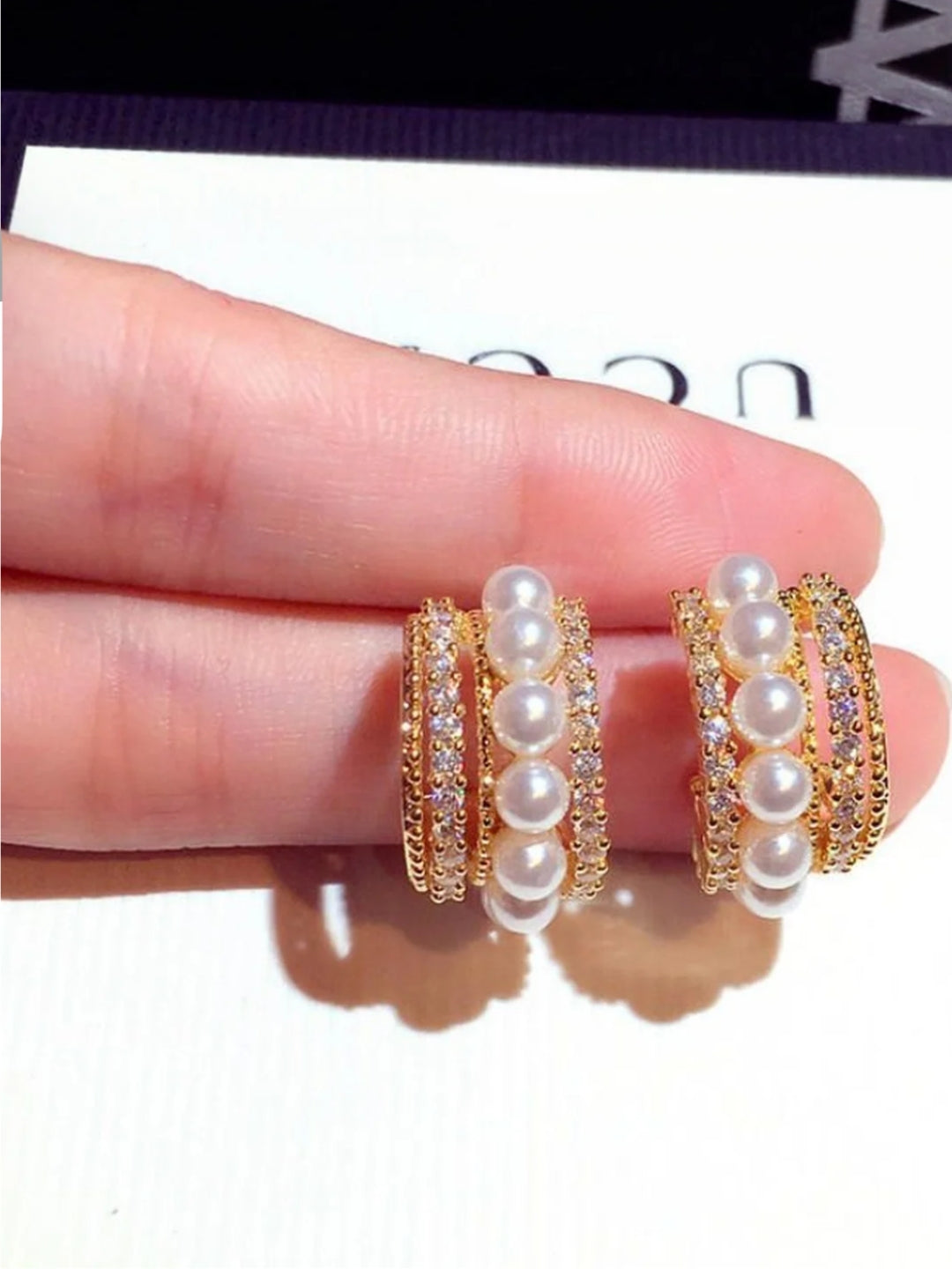 Gold Pearl & CZ Multi-Line Stud Earrings | Elegant Fashion Jewelry