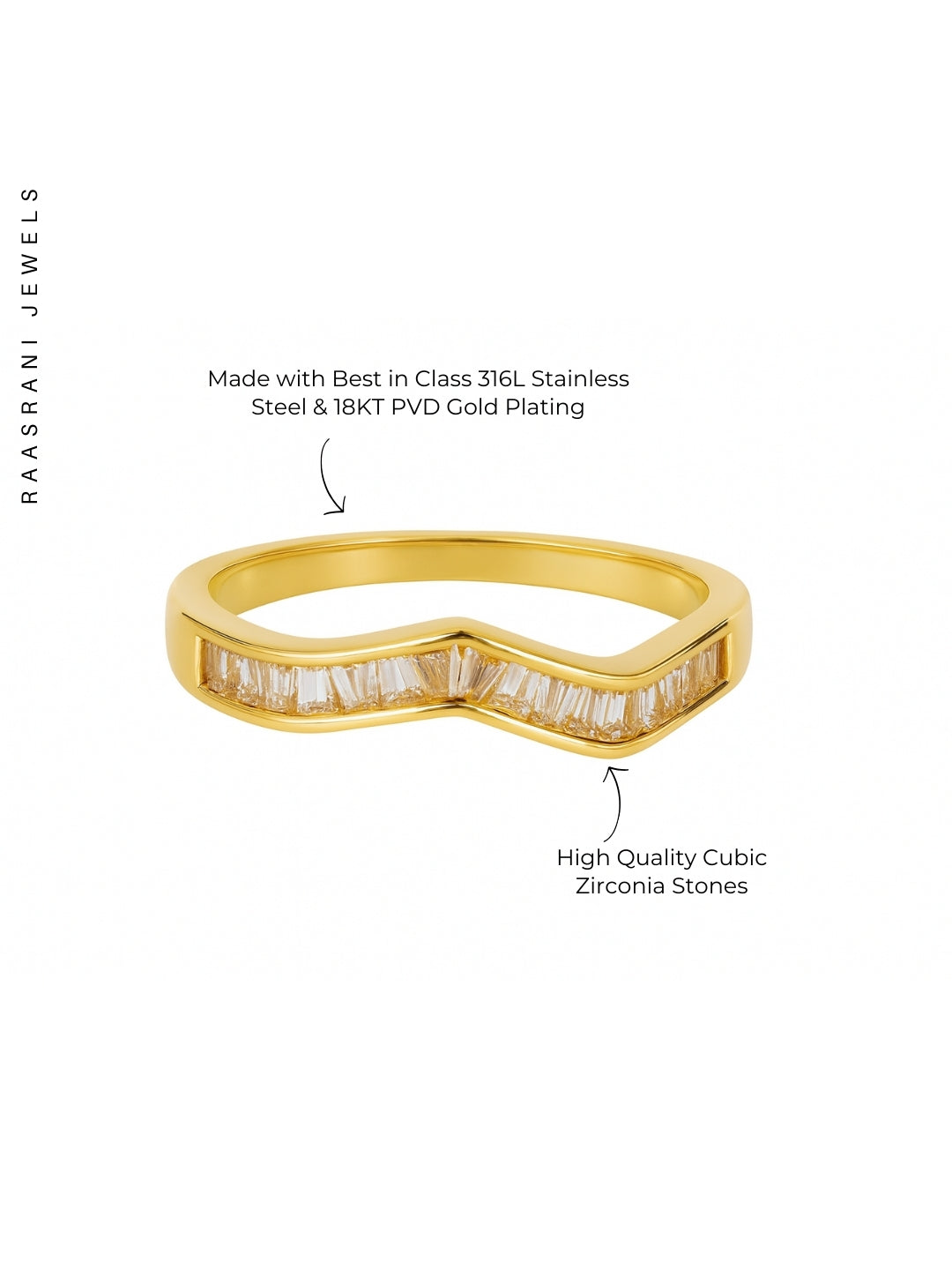 Elegant Zigzag Gold Ring – Stainless Steel, AD Studded, Size 7