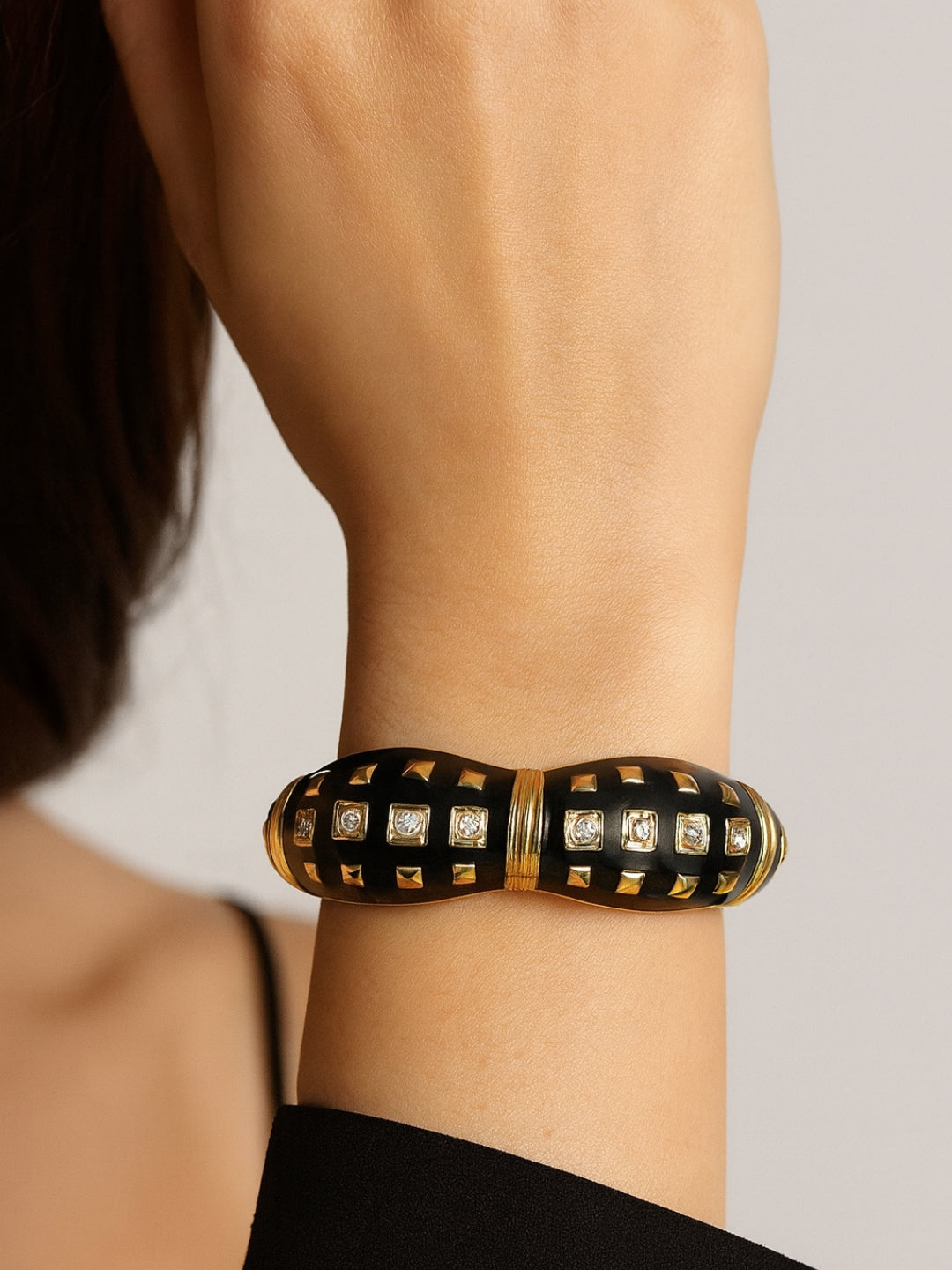 Black Enamel Studded Bracelet – 18K Gold Plated, Anti-Tarnish