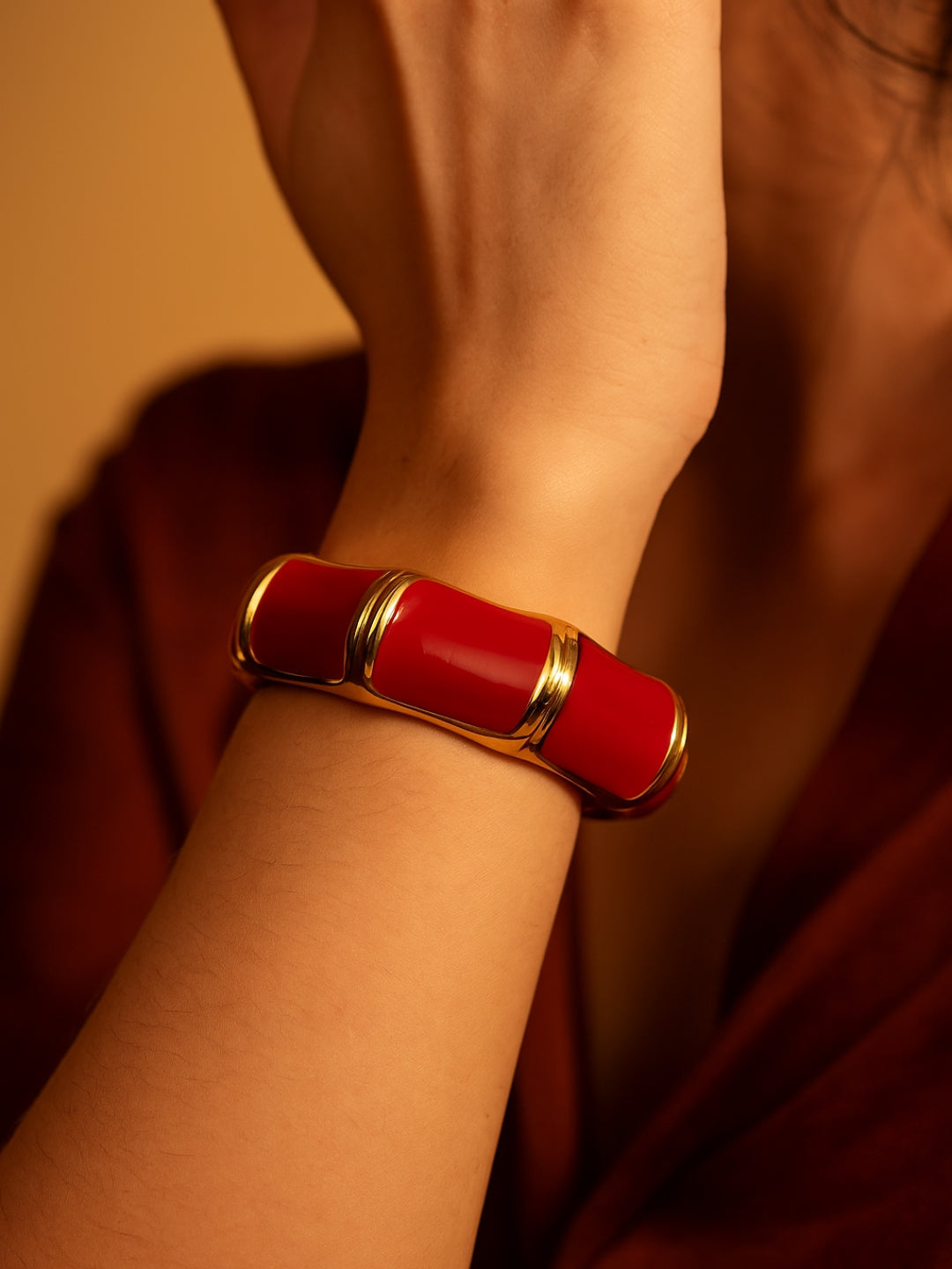 Red Enamel Hexagon Bracelet for Women – 14K Gold Plated | Italian Meena Design | Stainless Steel