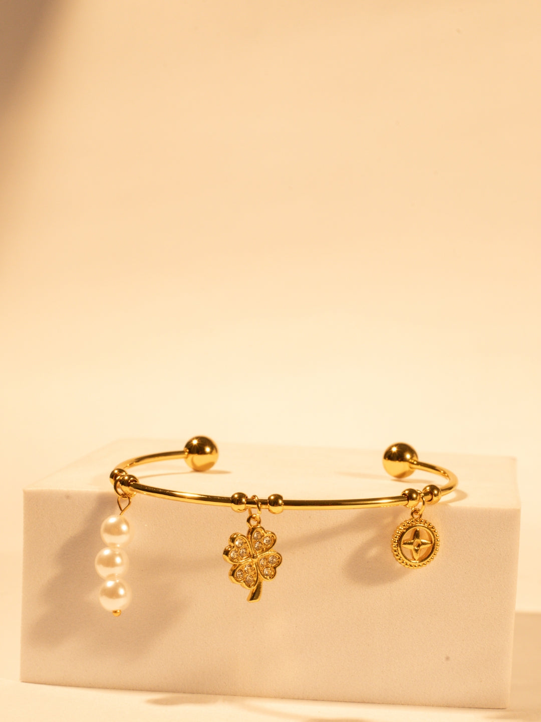 18K Gold-Plated Clover Charms Bracelet – Stainless Steel, CZ Stones & Pearl Charms, Anti-Tarnish & Hypoallergenic