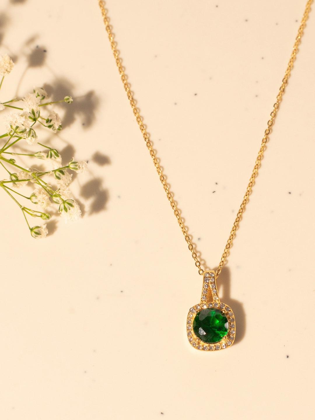 Elegant Gold-Plated Green Stone Pendant Chain – 316L Stainless Steel, AD Crystals