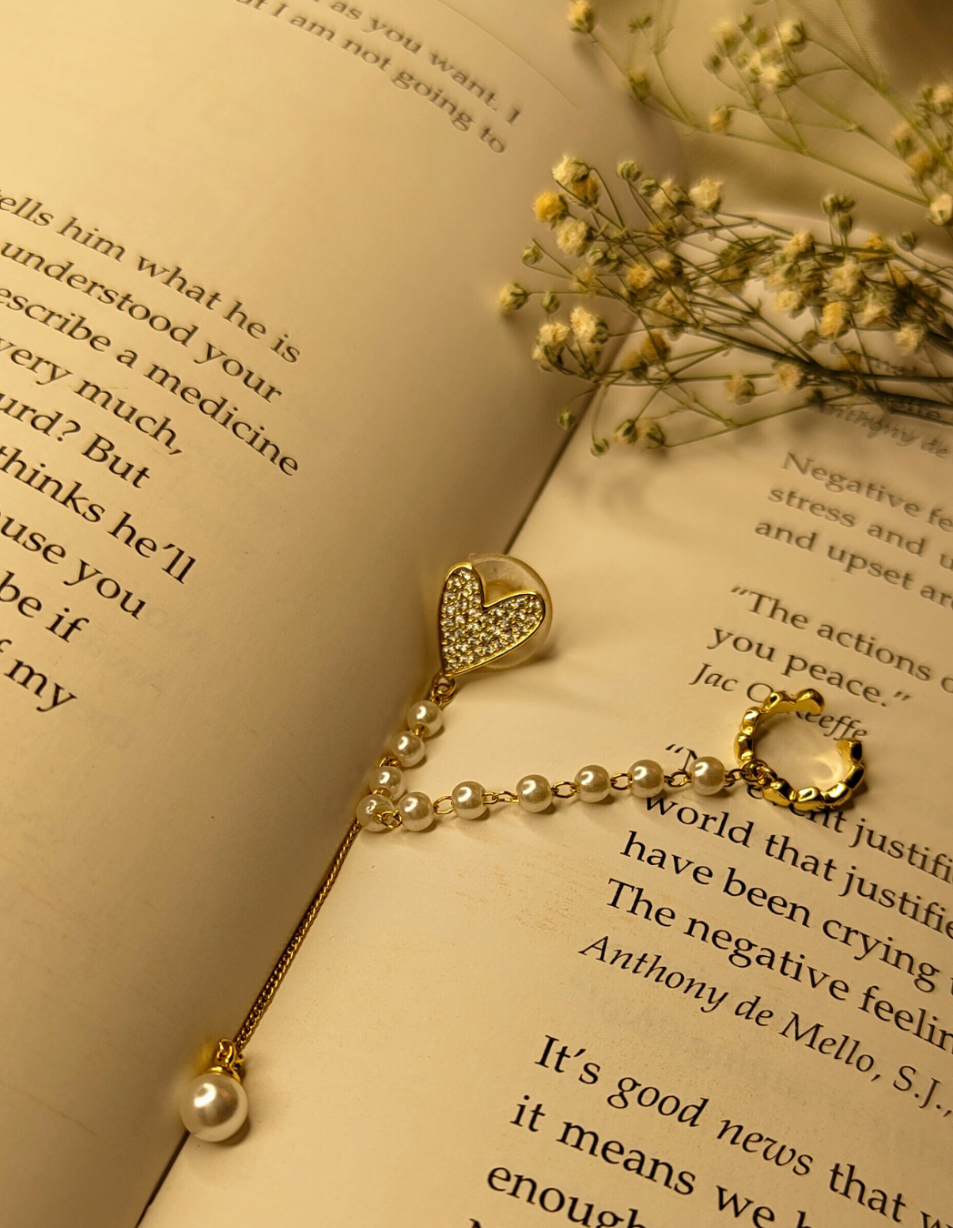 Heart Single Ear Cuff with pearl Hanging