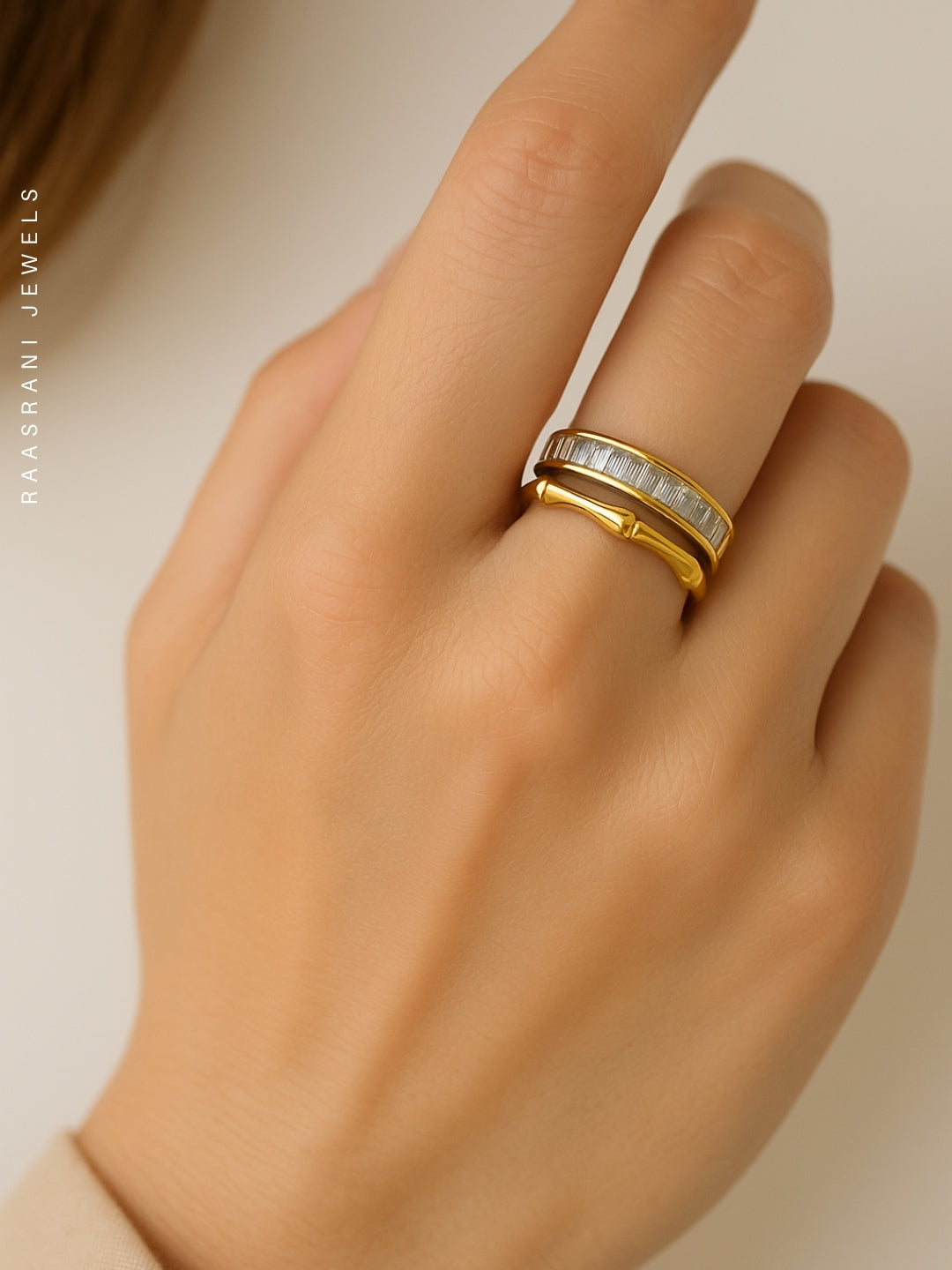 Bamboo Studded Gold Ring – Adjustable 18K Gold Plated CZ Ring