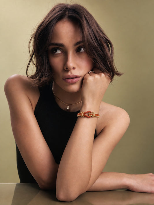 Rust Studded Leather Band Cuff - 18KT Gold Plated