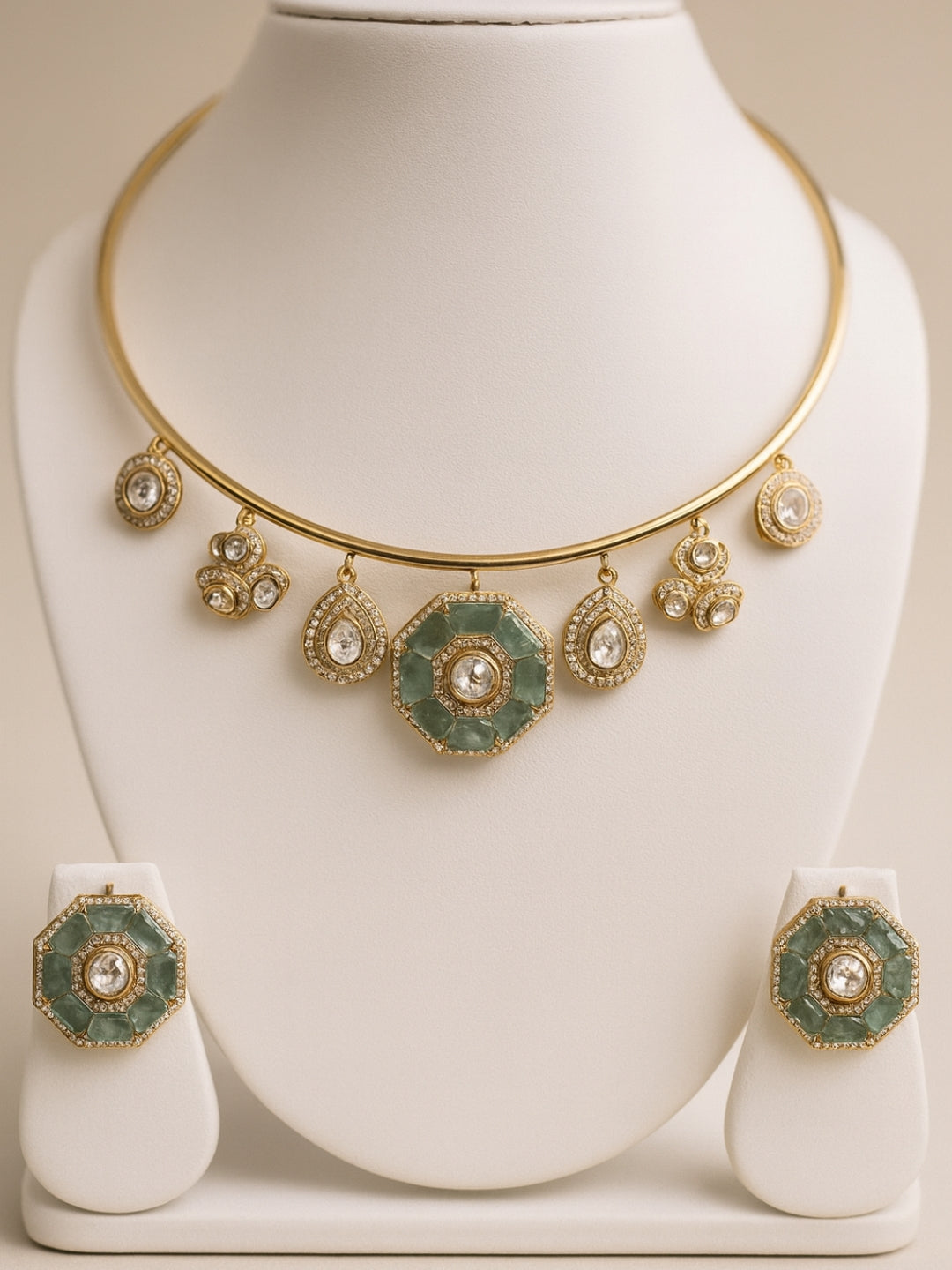 Aqua Moissanite Hansuli Necklace & Earrings Set | Gold Plated Jewelry