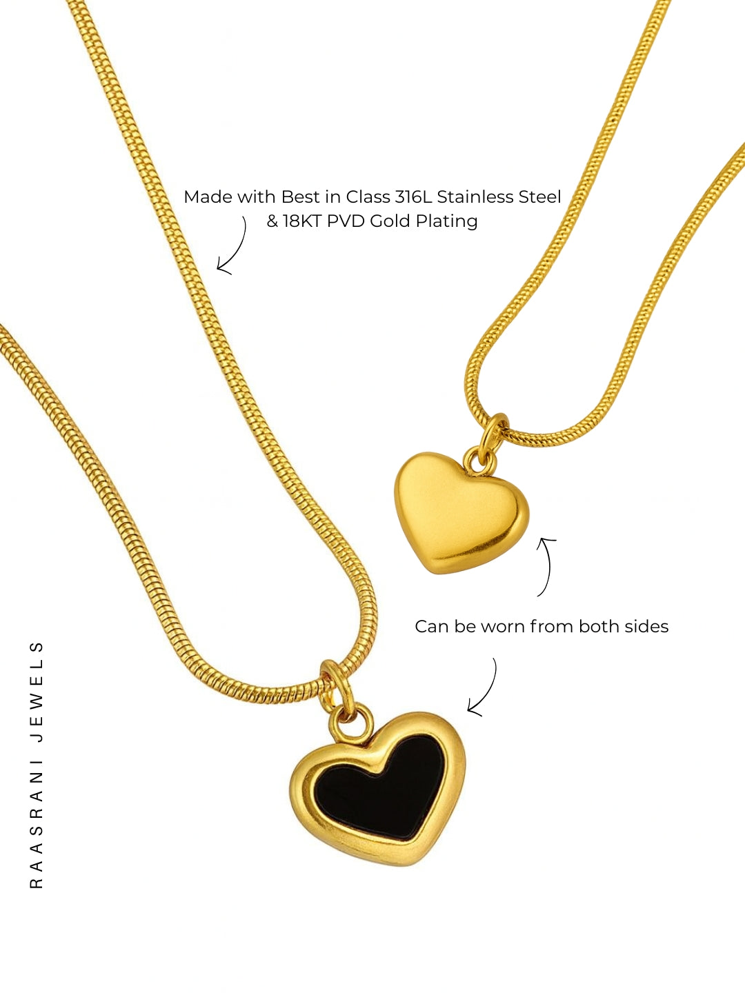Black Mini Heart Gold Pendant Necklace – 18K Gold Plated, Onyx Charm