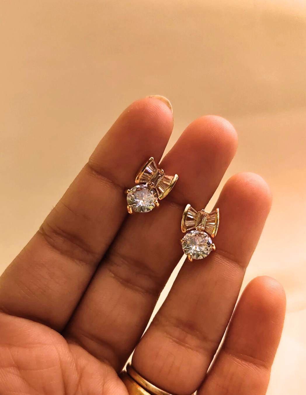 Bow Stud Earrings with Solitaire Drop