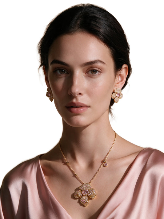 Boccio Pink Pavé Flower Necklace & Earring Set, 18K Gold-Plated