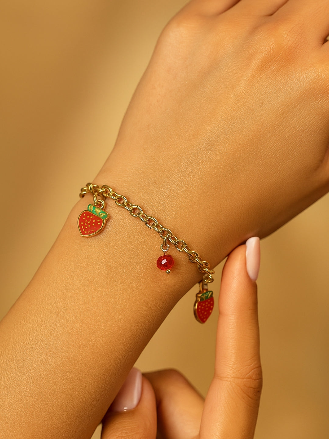Strawberry Charm Bracelet – Gold Plated Stainless Steel, Enamel & Beads, Adjustable