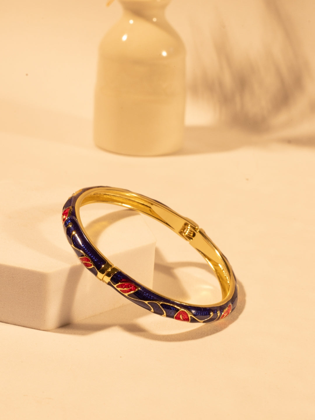 Blue Meenakari Enamel Bangle with 14KT Gold Plating – Adjustable Stainless Steel Kada for Women