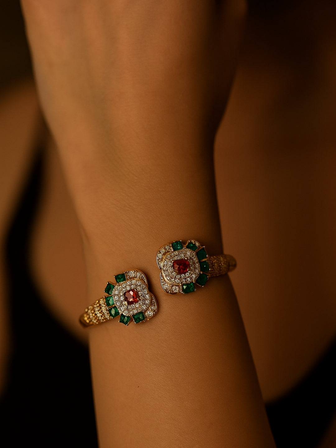 Ethnic Multicolor Stone Studded Cuff – 18K Gold Plated, 316L Stainless Steel, AD & CZ Stones