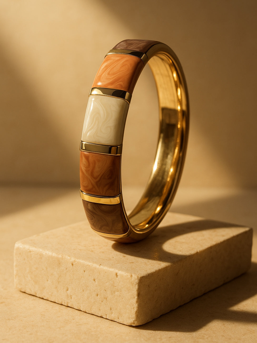 Shades of Beige Gold-Striped Enamel Bracelet | Anti-Tarnish Jewelry